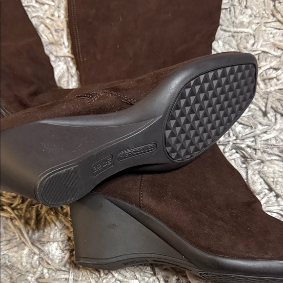 AEROSOLES Dark Brown Suede Wedge Knee Boots with Gold Buckles - Picture 2 of 4
